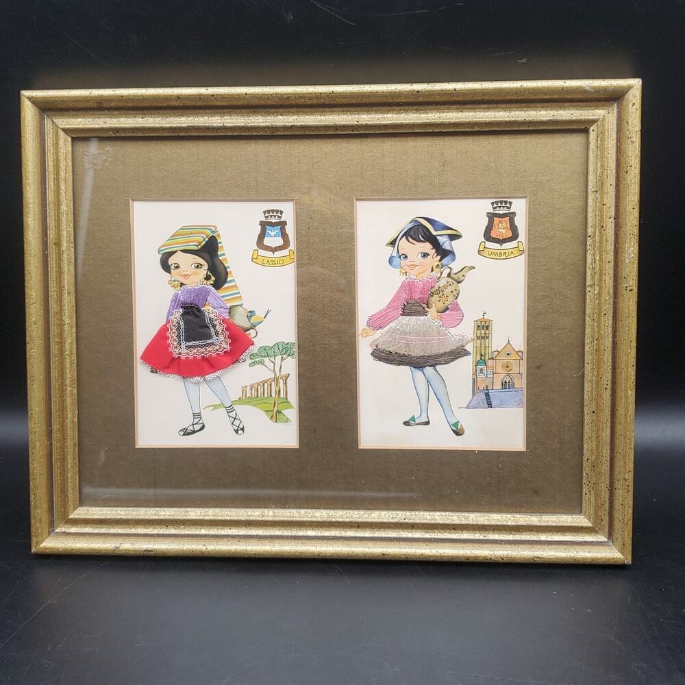Vintage Italy Lazio Umbria Thread Textile Art Framed Italian Costume Souvenir